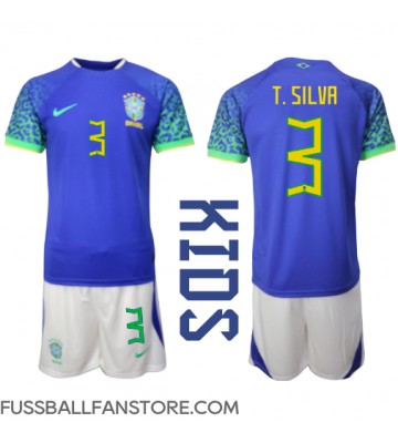 Brasilien Thiago Silva #3 Replik Auswärtstrikot Kinder WM 2022 Kurzarm (+ Kurze Hosen)